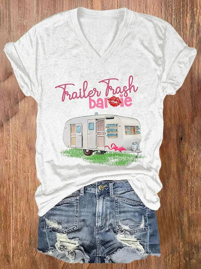 V-neck Trailer Trash Print T-Shirt