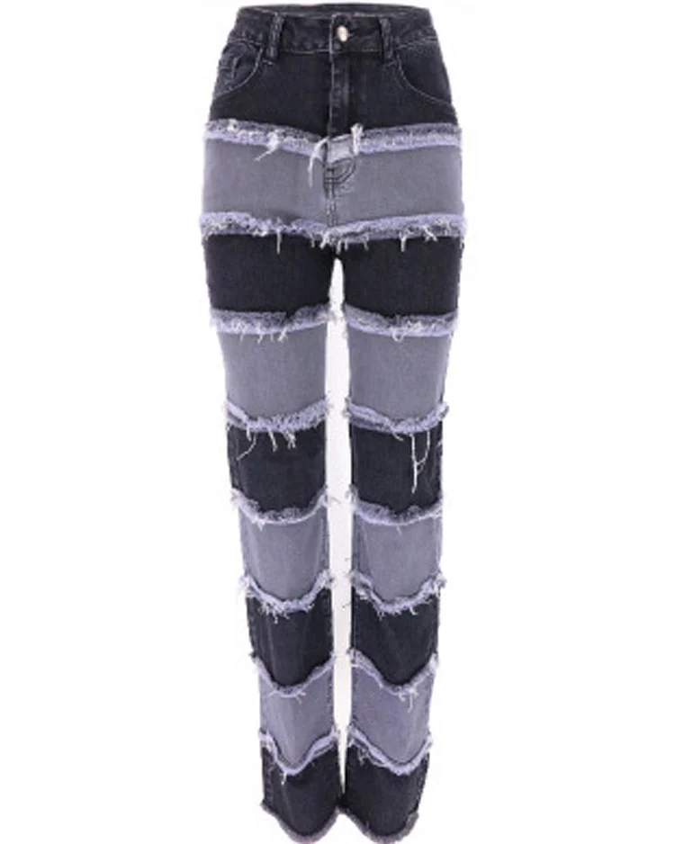 High waist skinny high stretch stitching wide leg pants denim trousers