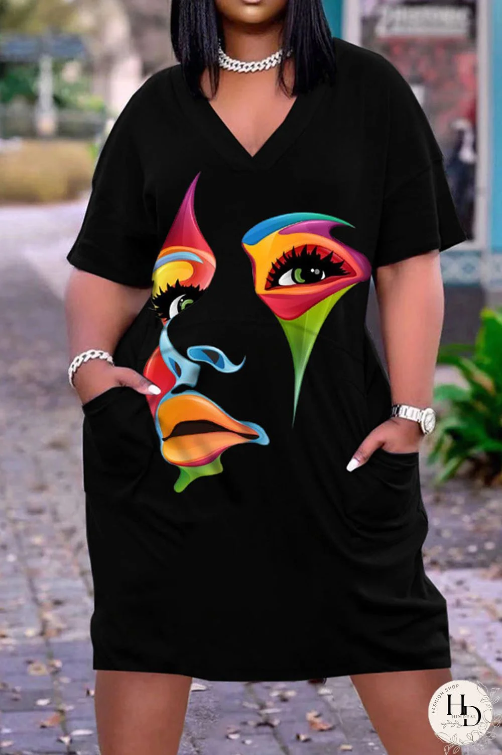 Multicolor Casual Street Print Patchwork V Neck Straight Dresses