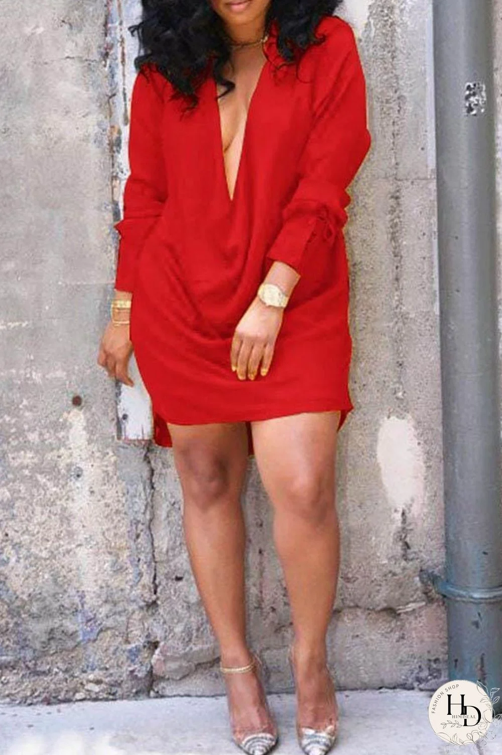 Red Sexy Solid Split Joint V Neck Straight Dresses