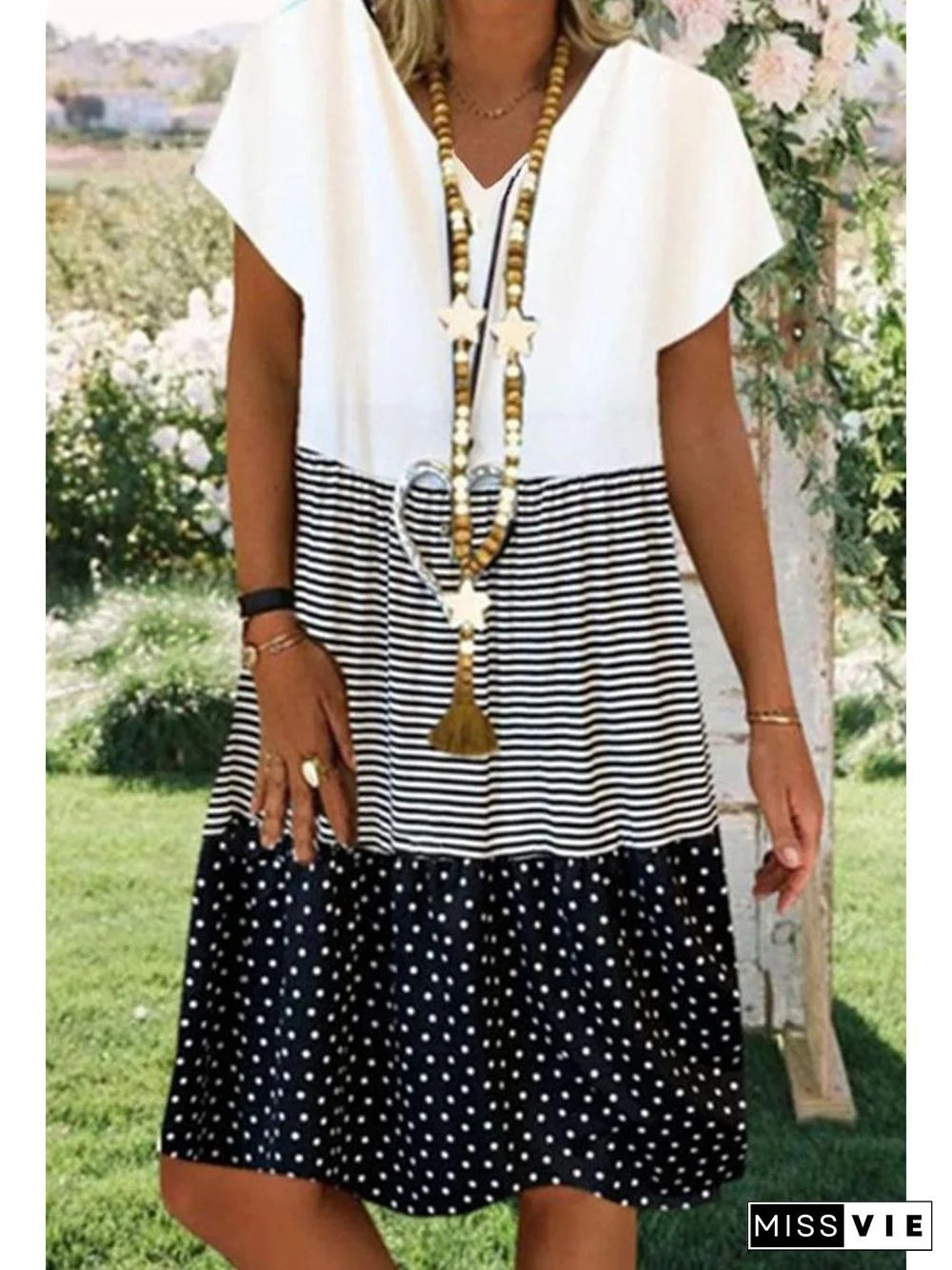 Casual V-neck Short Sleeve Stitching Mini Dress (3 Colors) P10667