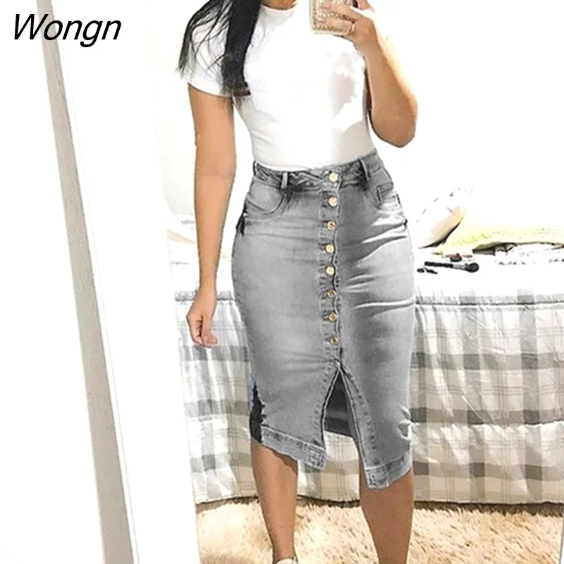 Wongn Women Fashion High Waist  Denim Distressed Jeans Bodycon Long Skirt Buttons Pockets Split Bandage Jeans Skirt