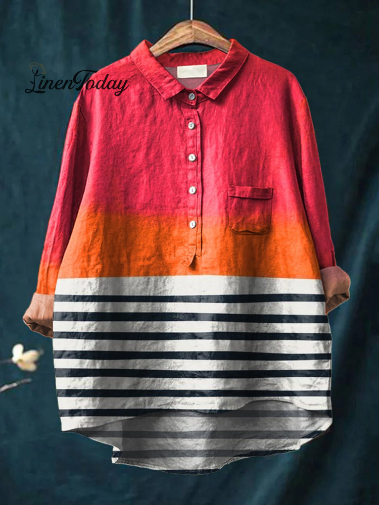 Women’s Pink Color-Block Stripes Art Print Casual Cotton And Linen Shirt Multicolor / S