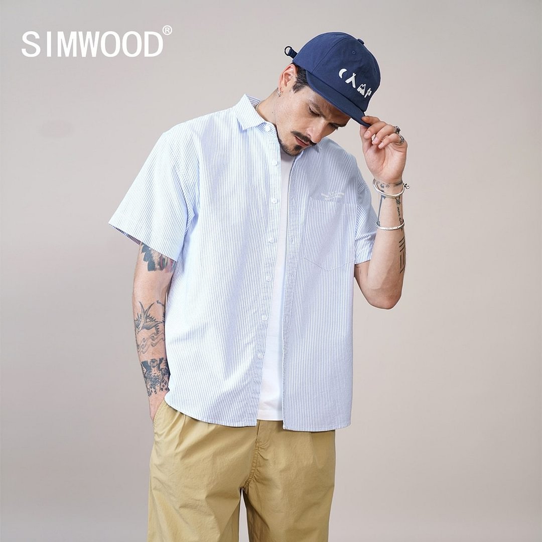 SIMWOOD 2021 Summer New Short Sleeve Oxford Shirts Men Vertical Striped Logo Print Oversize 100% Cotton Loose Plus Size Shirts