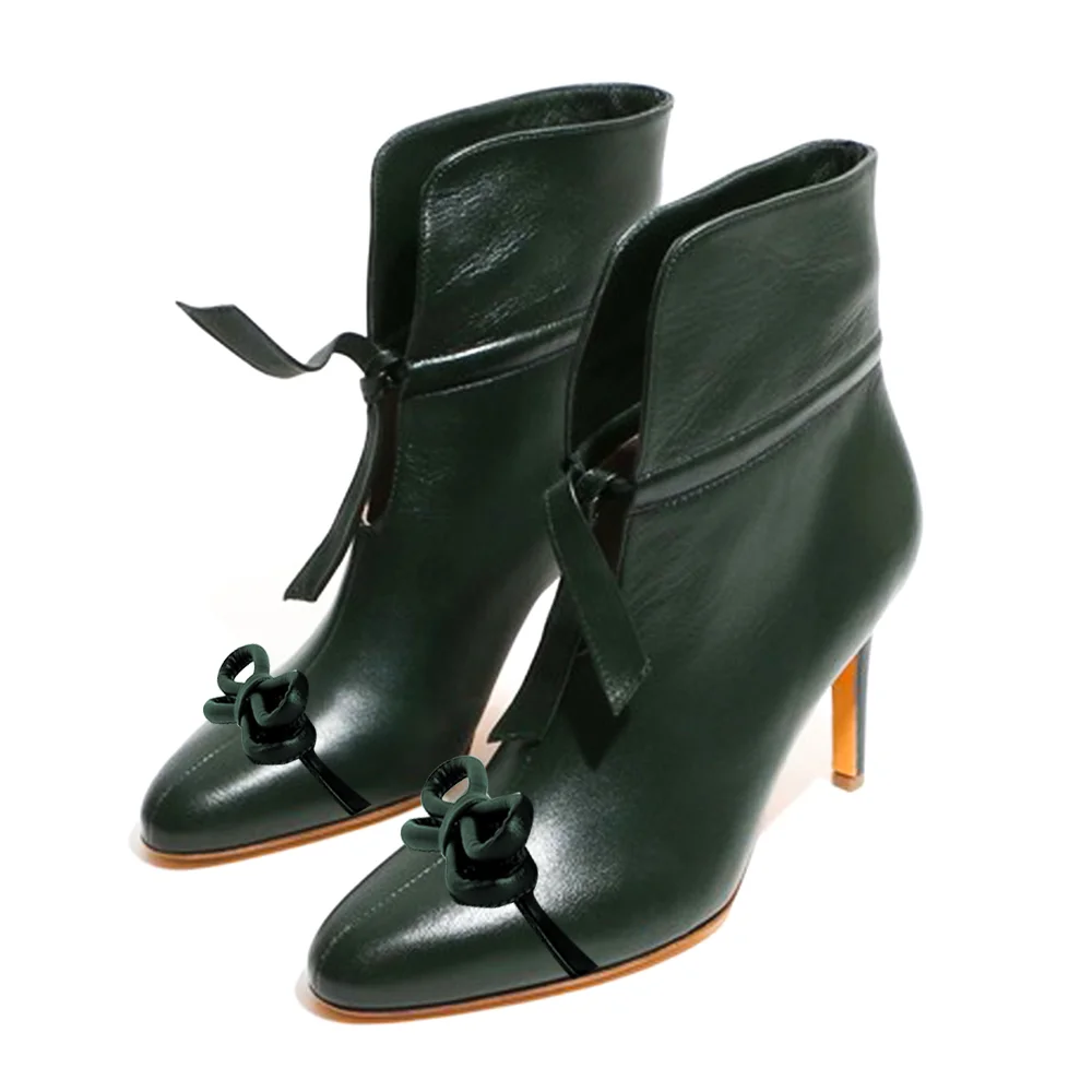 Dark Green Leather Stiletto Heel Ankle Boots With Bow-knot Pointy Toe Short Booties Nicepairs