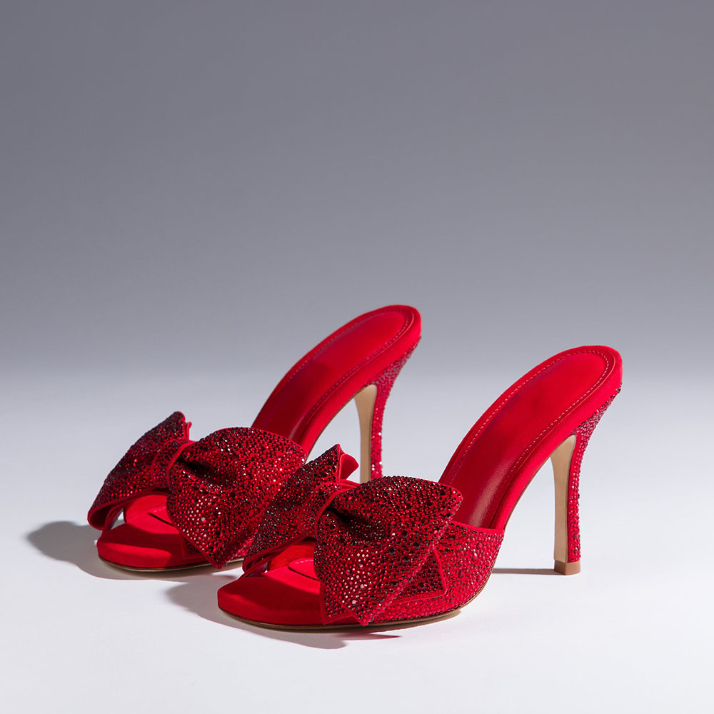 Red Open Toe Stiletto Heel Bow Rhinestone Mules for Party Nicepairs