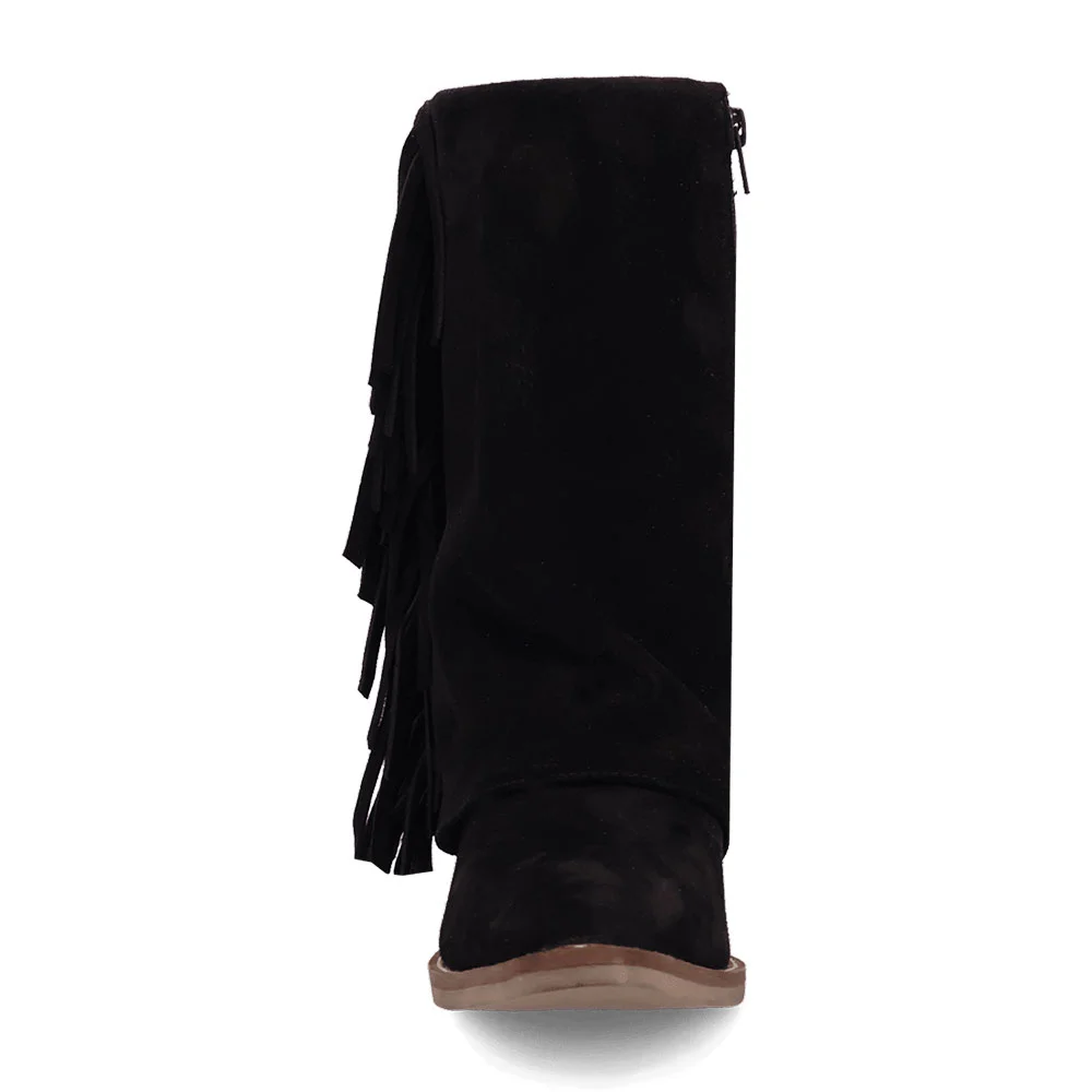 Black Vegan Suede Almond Toe Chunky Heel Fringe Fold Over Boots