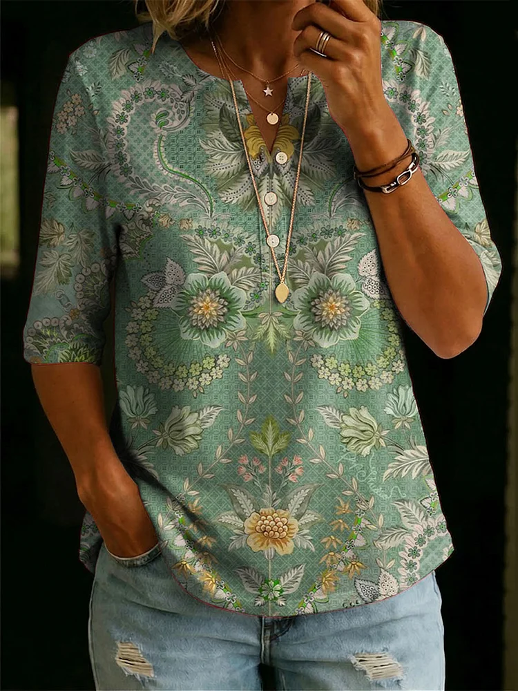 Women&rsquo;s Floral Pattern Art Casual Classic Henley Collar 100% Cotton T-shirt