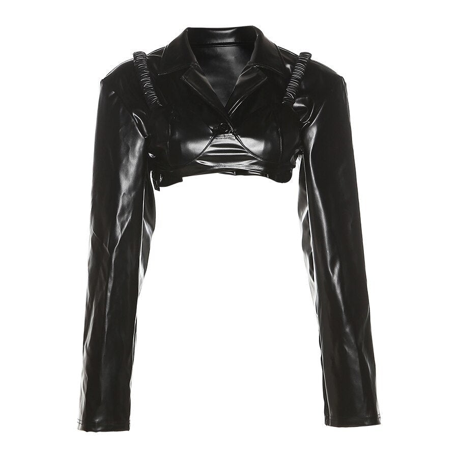 LANFUBEISI Fashion Autumn Slim Solid Black PU Leather Two Piece Short Jacket For Women Autumn New Outerwear Street Y2K Jacket LANFUBEISI
