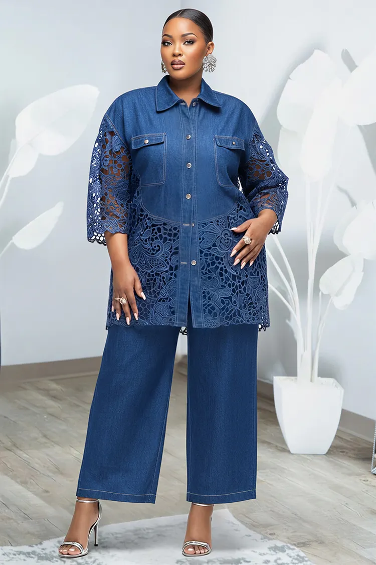 Xpluswear Design Plus Size Business Casual Lace Blue Shirt Collar 3/4 Sleeve Contrast Wide Leg Tencel Denim Two Piece Pant Sets [Pre-Order] 2024 - Xpluswear
