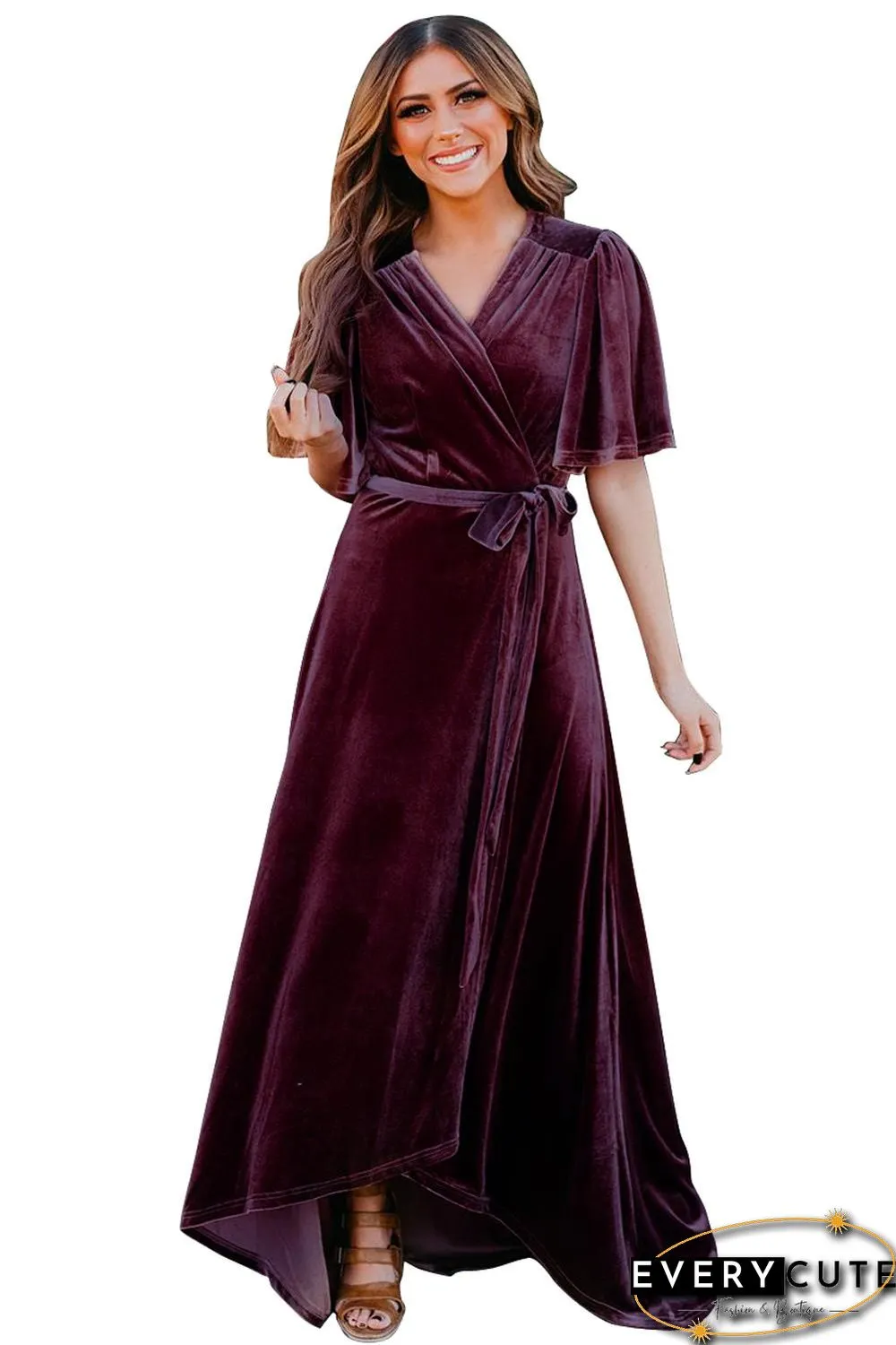 Wine Red Velvet Pleated Wrap Tie Waist Maxi Dress