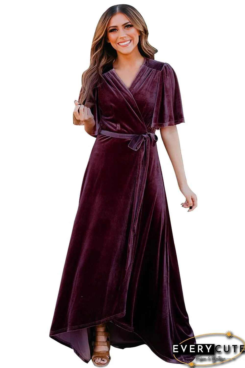 Wine Red Velvet Pleated Wrap Tie Waist Maxi Dress