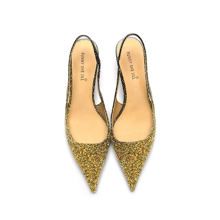 Gold Sparkly Kitten Heels for Women's Dress Shoes |FSJ Shoes