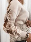 Solid Color Round Neck Sequin Knitted Top With Hollow Sleeves