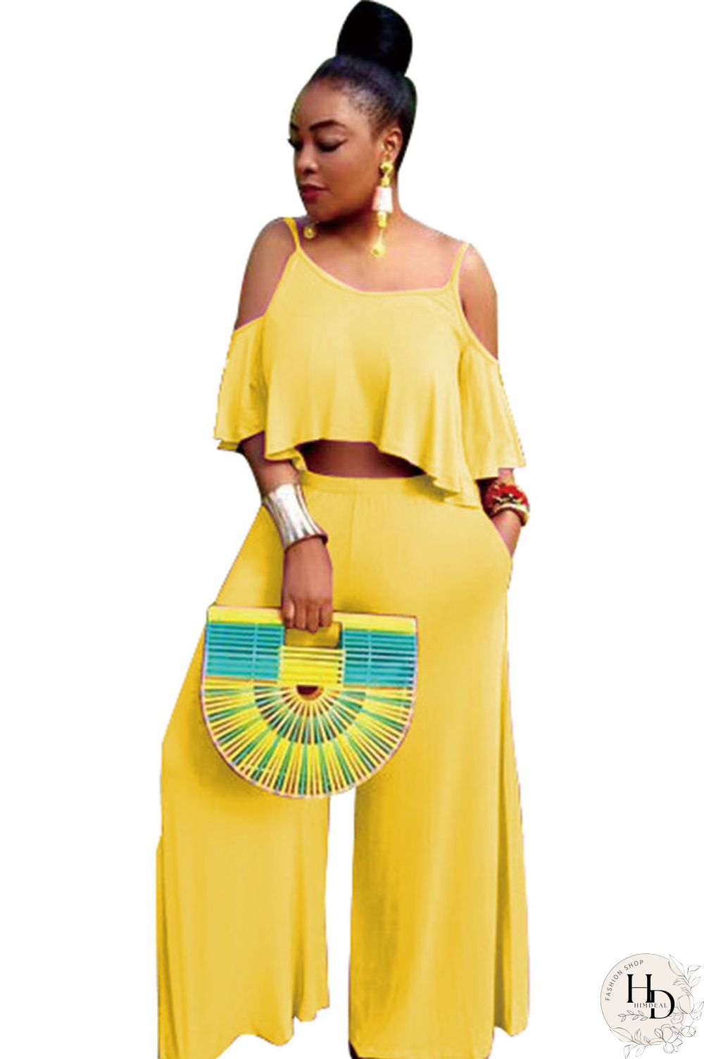 Yellow Polyester Sexy Fashion Patchwork ruffle Solid Straight Half Sleeve Two-piece Pants Set