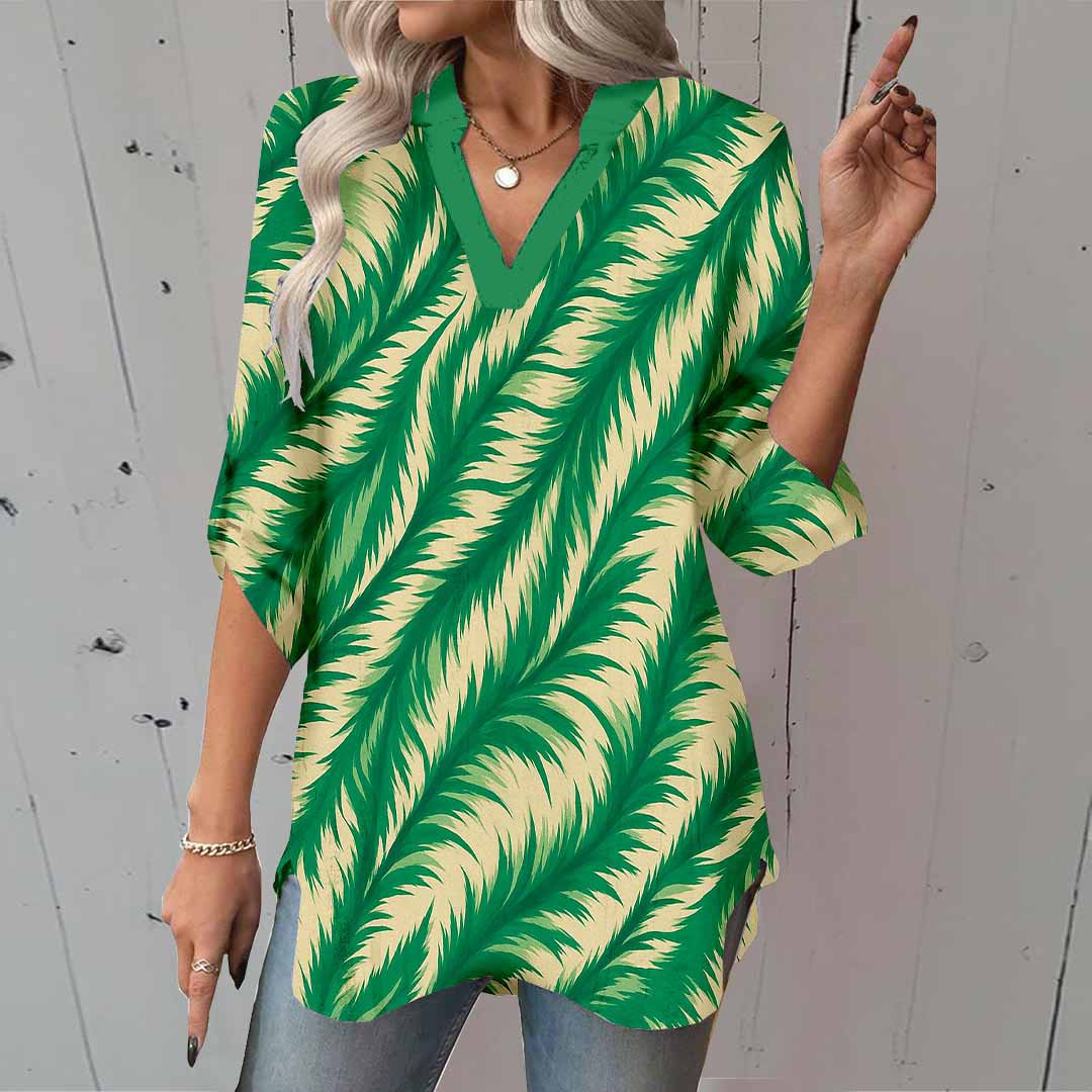 Women Leaves, Green DZGA0185 3/4 Sleeve V-neck Printed Graphic Button Tops