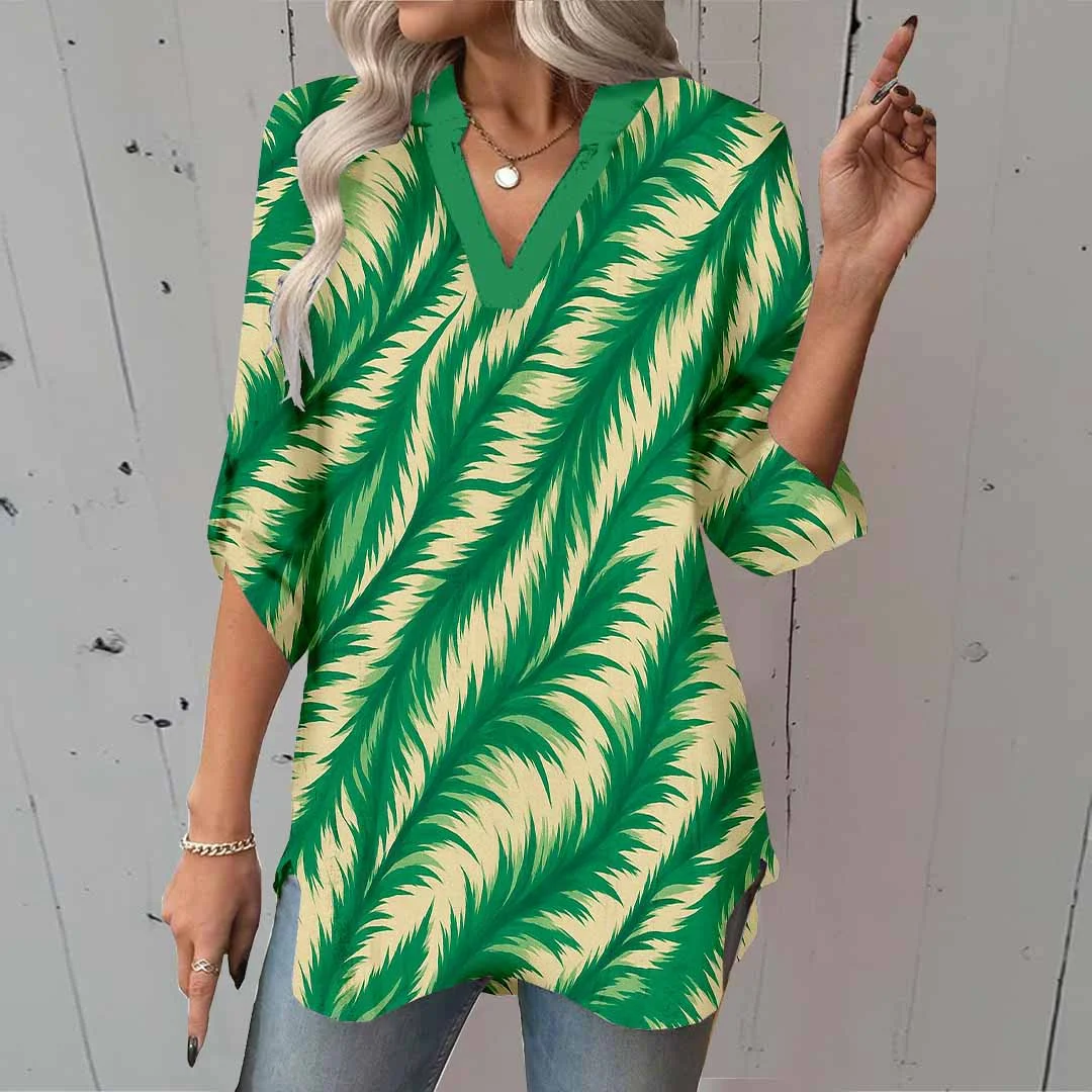 Women Leaves, Green DZGA0185 3/4 Sleeve V-neck Printed Graphic Button Tops