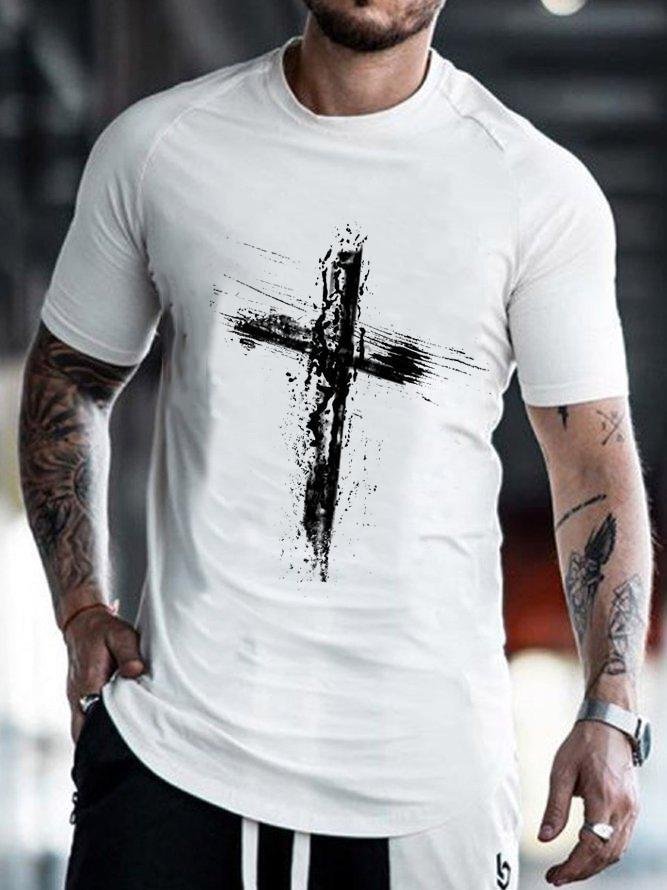 Mens Cross Printed Casual Short Sleeve T-shirt