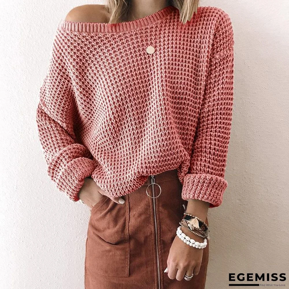 Loose Solid Color Inclined Collar Long Sleeve Knitted Sweater | EGEMISS