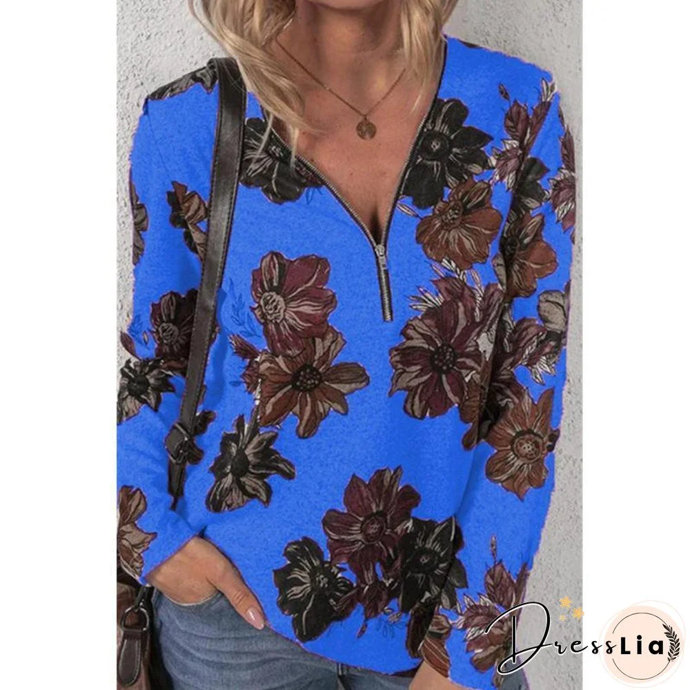 Zipper Flower Printed Long Sleeve Shirt