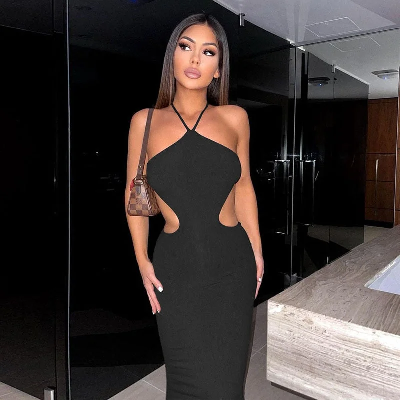 Abebey   Halter Hollow Out Dress For Women  Sleeveless Backless Club Party Cutout Bandage Elegant Dresses Clothes 2023