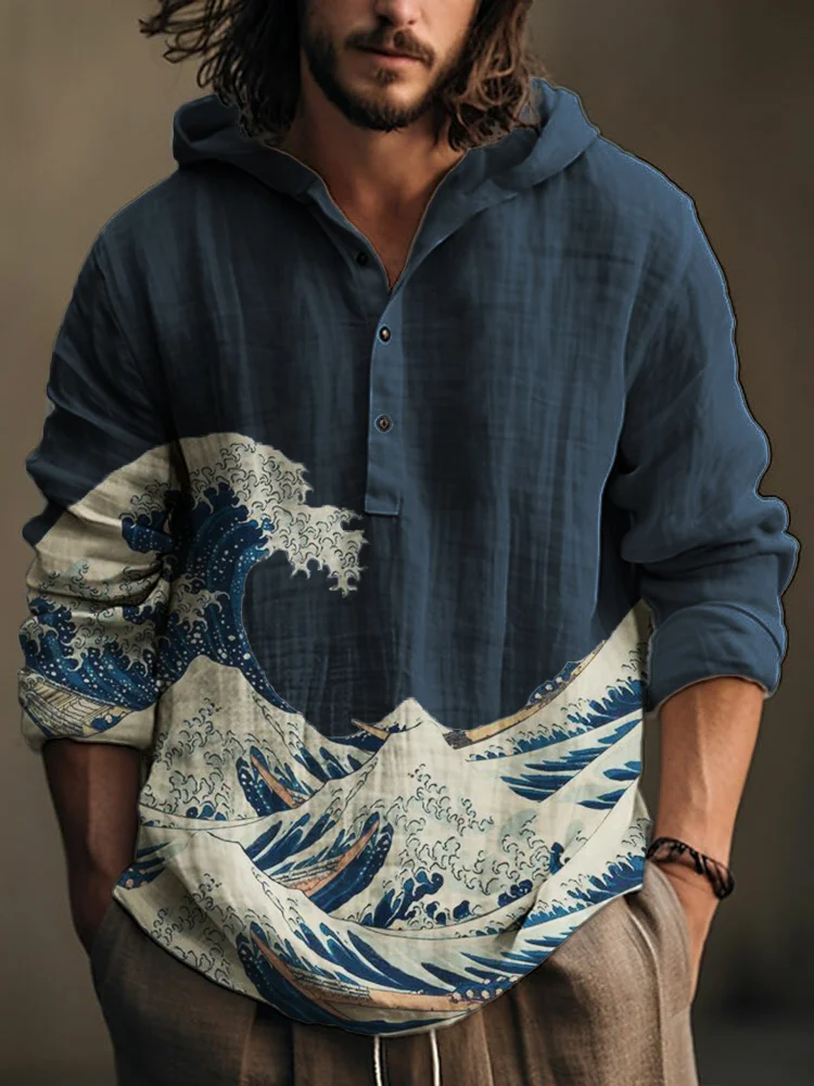 VChics Great Wave Japanese Art Linen Blend Hooded Shirt