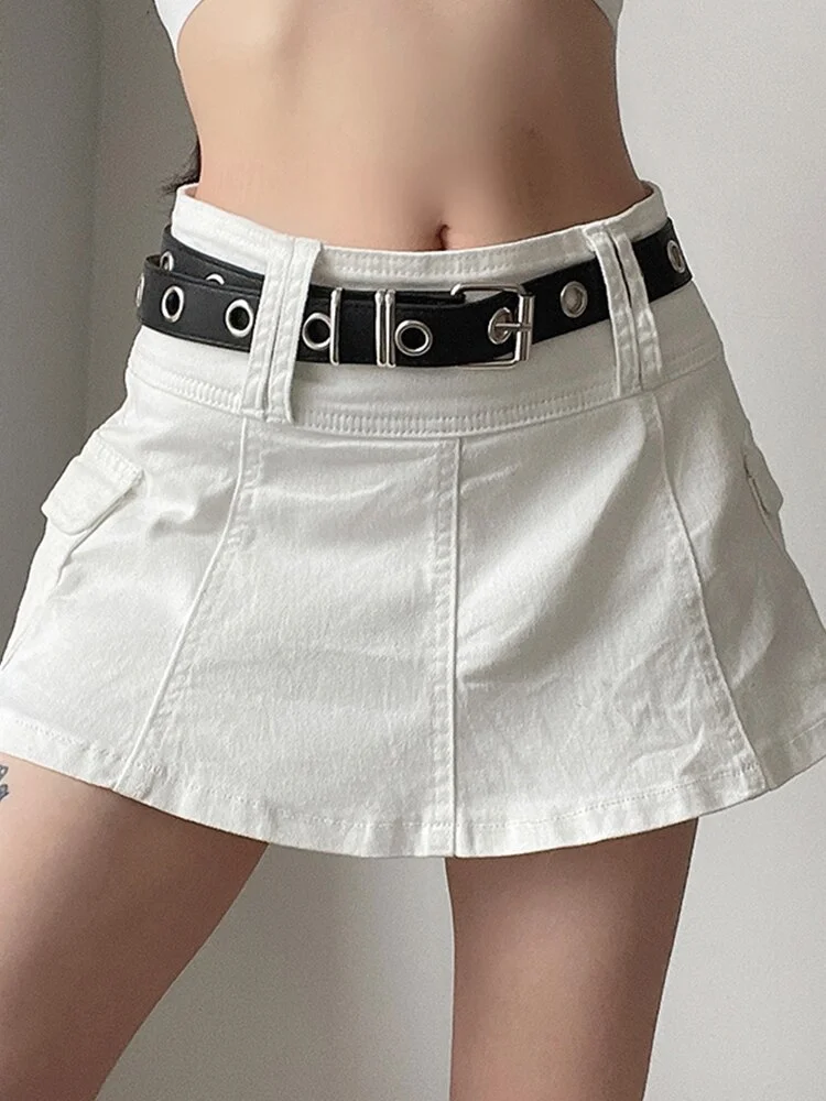 Zingj SUCHCUTE Gothic Casual Zipper Fly Safety Short Denim Skirt Summer Streetwear Low Waist Mini Jeans Skirt WIth Shorts  For Women