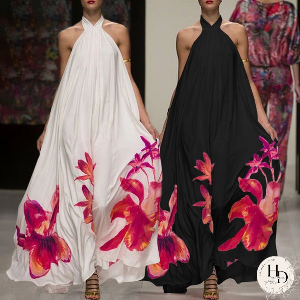 Summer Party Evening Sundress Women Floral Halter Backless Long Dress Casual Baggy