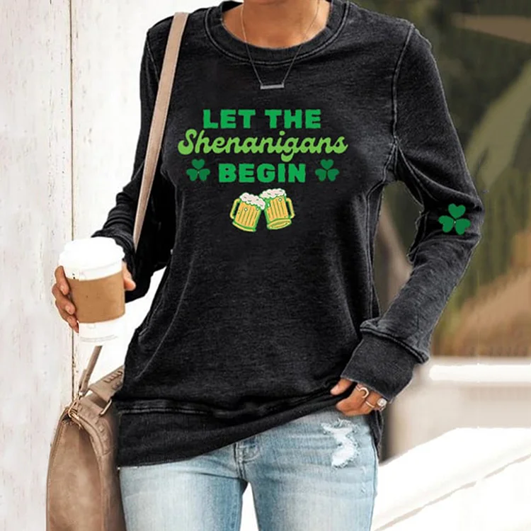 VChics St Patrick's Day Let The Shenanigans Begin Shamrock Print Sweatshirt