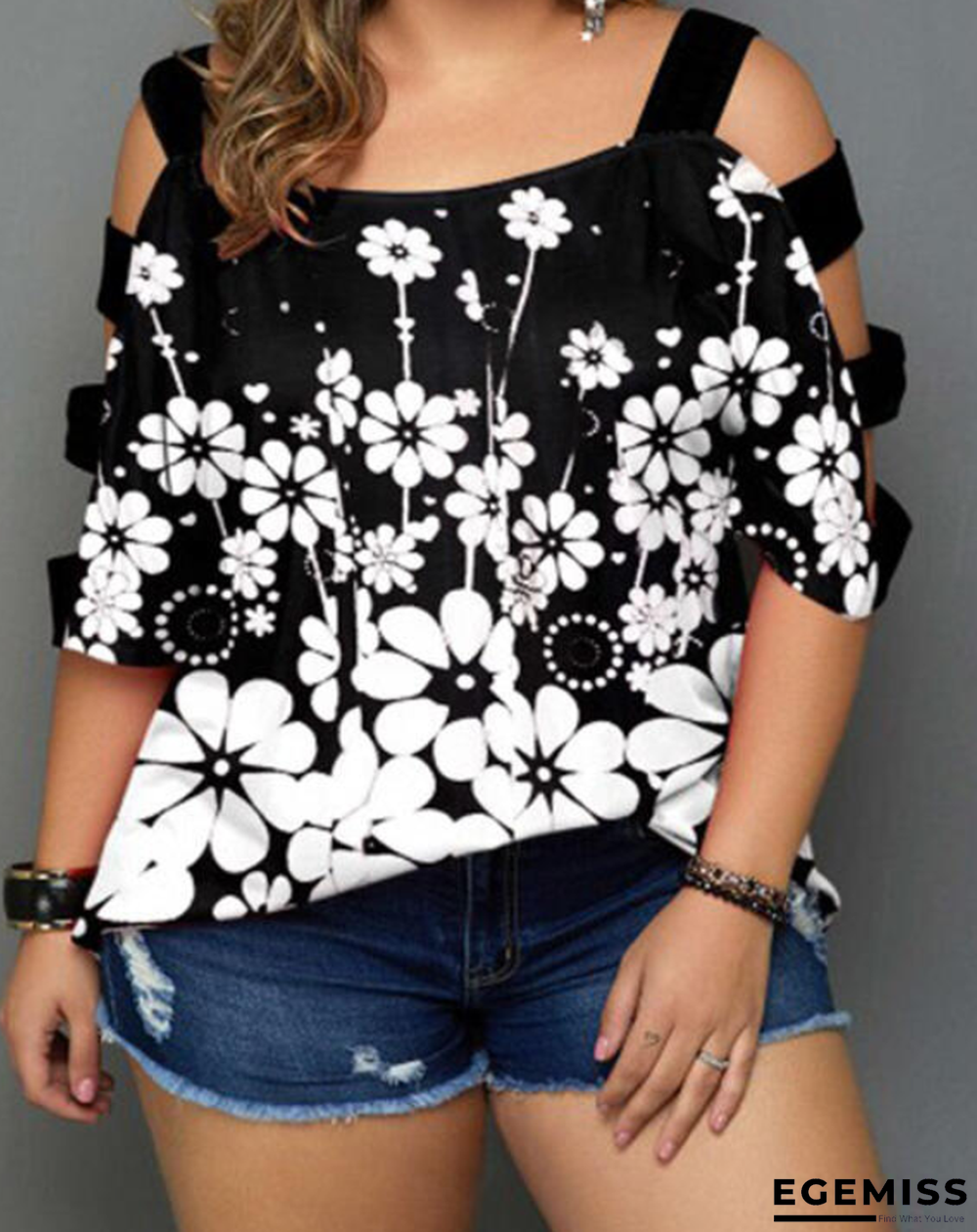 Print Floral Cold Shoulder 3/4 Sleeves Casual Plus Size Blouses | EGEMISS