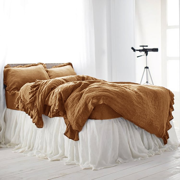 Gold 100% Flax Linen Duvet Cover Set With Ruffled -ChouChouHome