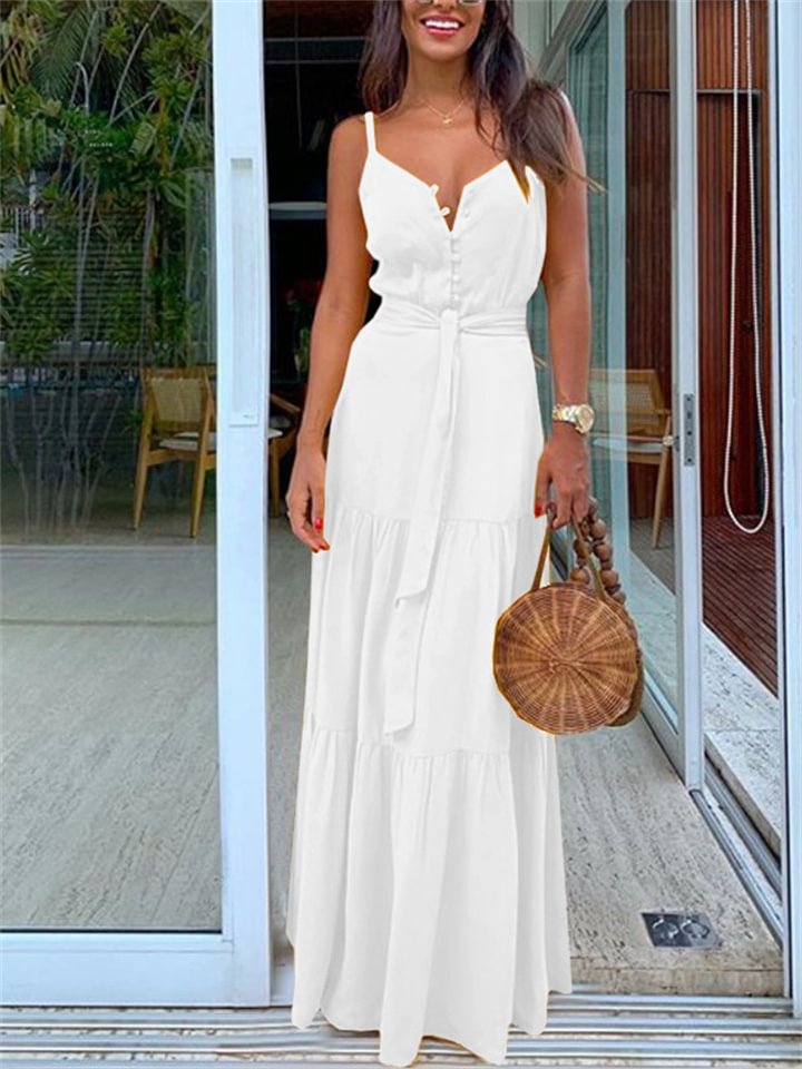 Temperament V-neck Medium Long Suspender Solid Color Dress -vasmok