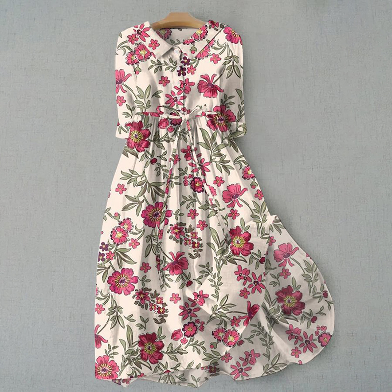 Comstylish Flowers Print Lapel Waist Tie-Up Casual Midi Dress