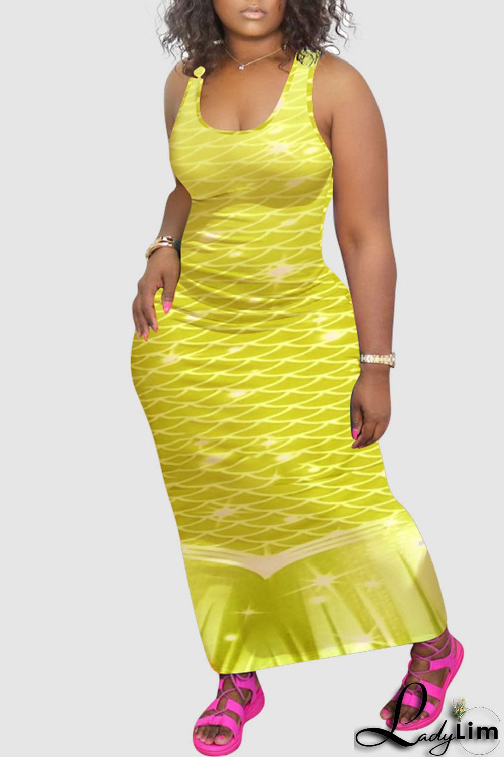 Tangerine Red Casual Print Split Joint U Neck Vest Dress Dresses