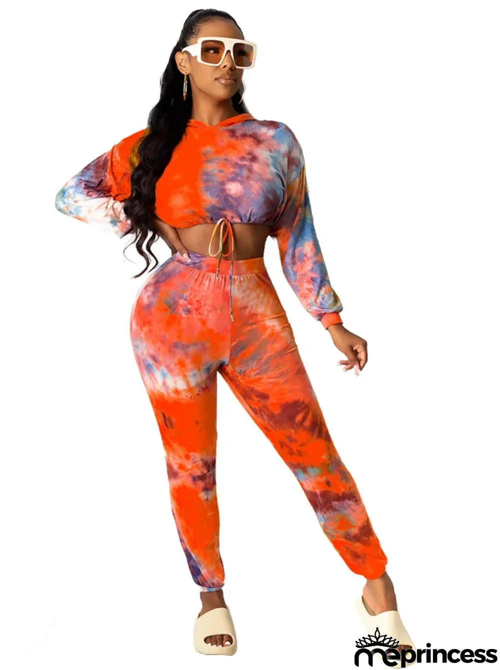Tie Dye Long Sleeve Hoody Crop Top and Pants Set