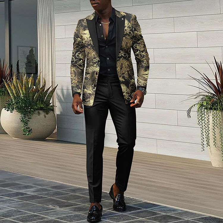 BrosWear Men's 1pc Baroque Print Lapel Collar Blazer & 1pc Suit Pants