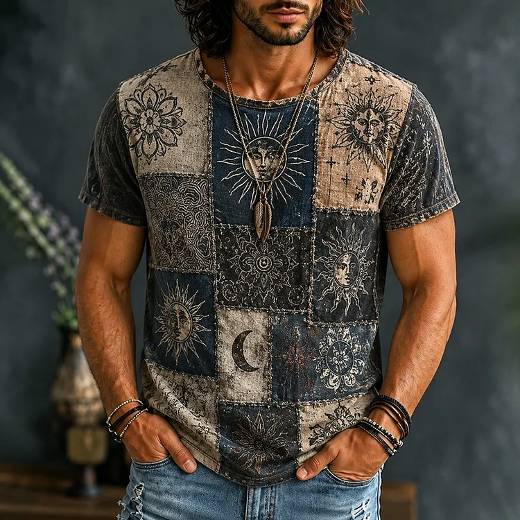 Men's The Mysterious Sun Retro Boho Art Print Casual Short Sleeve T-shirt