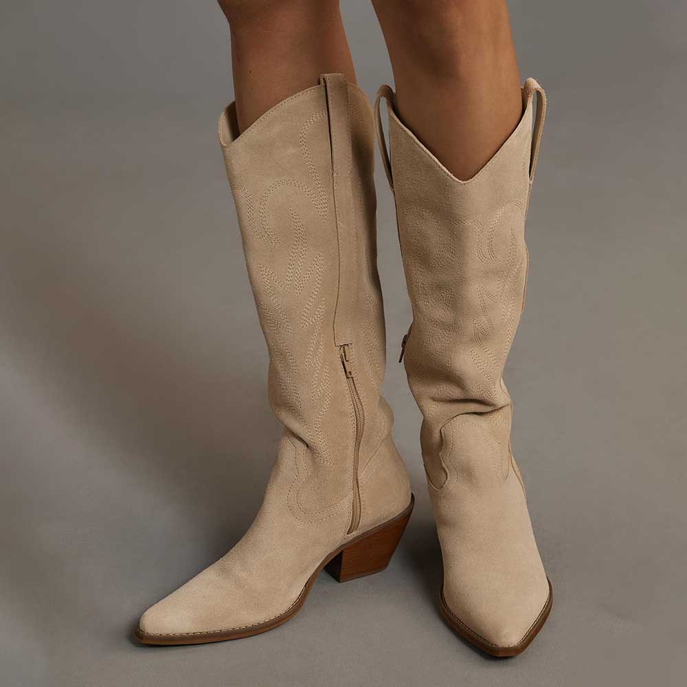 Beige Snip Toe Embroidered Knee-High Cowgirl Boots with Zipper