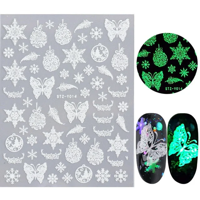 Nail Stickers Back Glue Fluorescent Light Christmas Snowflake Animal 3D Designs Nail Decal Decoration Tips For Beauty Salons-Nail Inspo