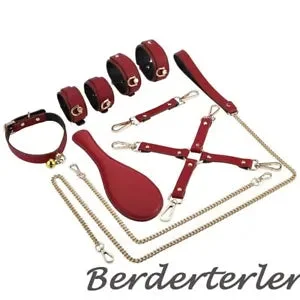 pornhint Pornhint 6Pcs Suit Set Handcuffs Shackles Collars Traction Ropes Leather Pat For Couples