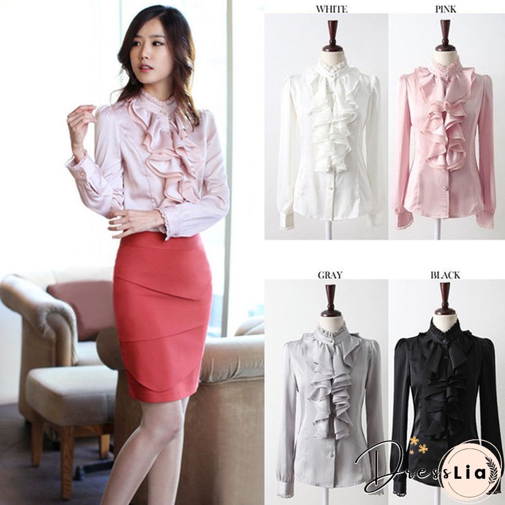 Womens Satin Silk-like Long Sleeve Office Slim Shirt Frill Drape Ruffle Trim Stand Collar Blouse Top