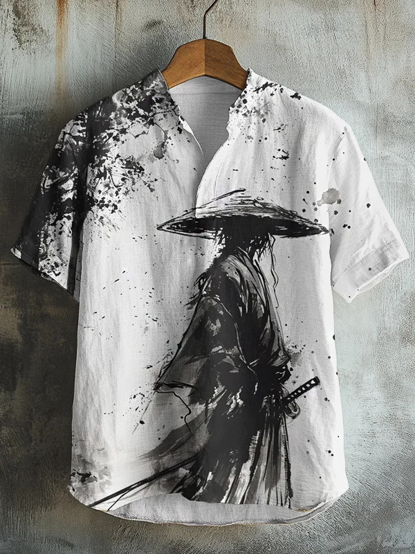 Men's Bamboo Grove Samurai Ink Art Print Casual V Neck T-Shirt