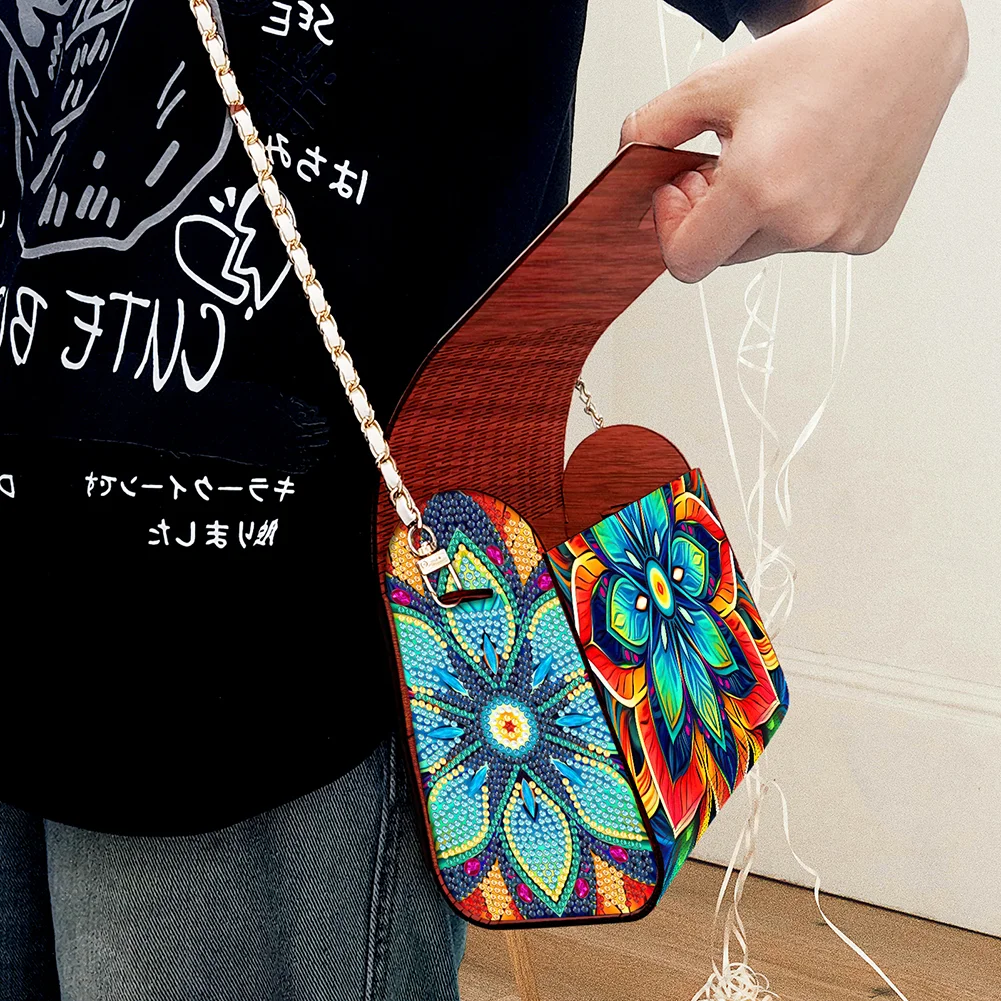 DIY Mandala Diamond Art Wooden Coin Pouch with Chain 5D Diamond Painting Purse