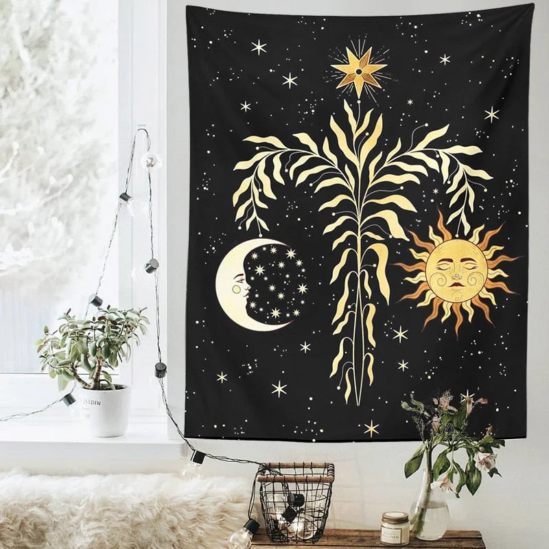 Sun and Moon Tapestry Moon girl Tarot Card Witchcraft Wall Hanging black Art Print Mural Background Tapestries for Bedroom Dorm