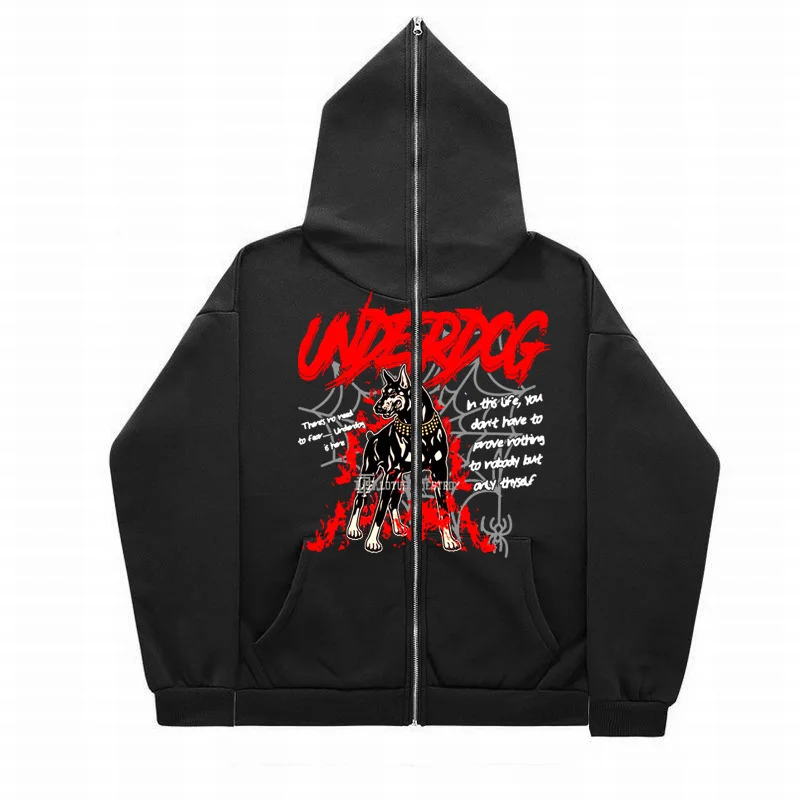 Goth Y2K Hip Hop Streetwear Black Zipper Hoodie Sweatshirt Graphic Hoodie