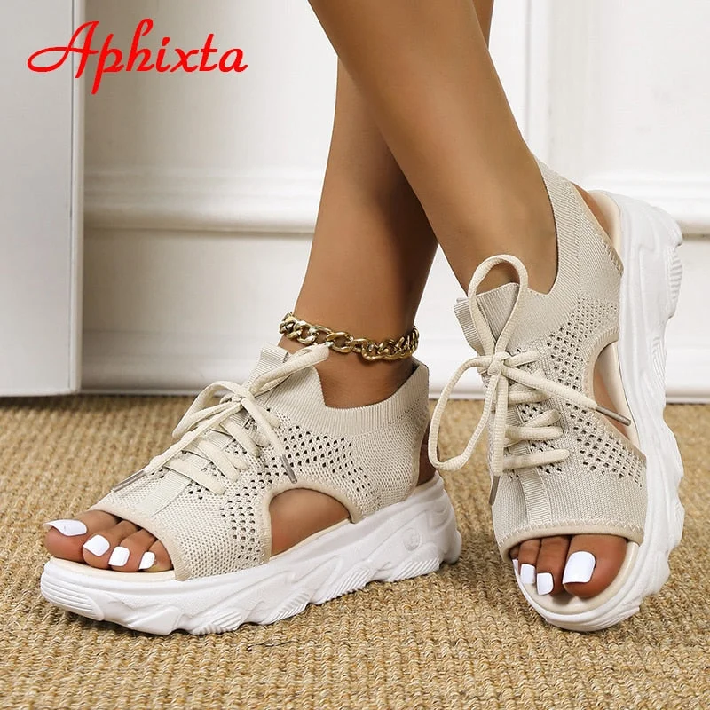 Aphixta 2022 Summer New Platform Sandals Women Wedge High Heels Breathable Cotton Fabric Shoes Canvas Lace-up Zapatos Mujer