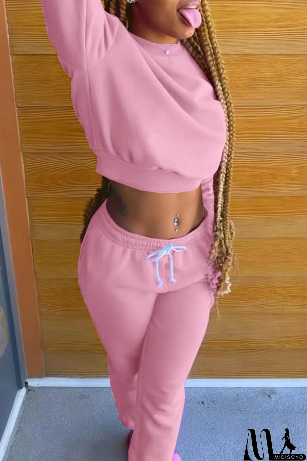 MidiSono - Black Fashion Casual Solid Basic O Neck Long Sleeve Two Pieces