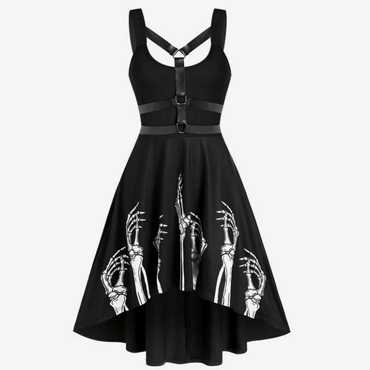 Vintage Skeleton Print Belt Decor Slip Dress - Modakawa Modakawa