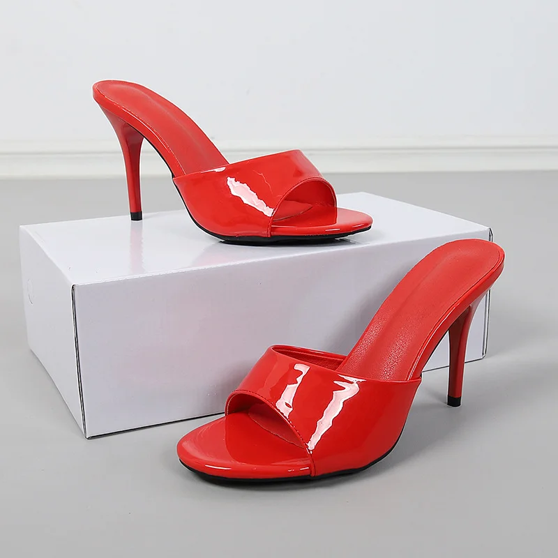 Wongn Wongn New Summer High Heel Heel Slippers Female One-Word Paint Leather Large Size Women's Shoes