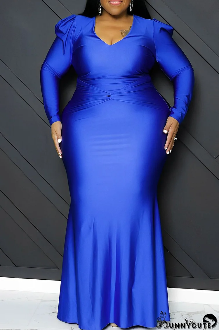 Blue Casual Solid Patchwork V Neck Long Sleeve Plus Size Dresses